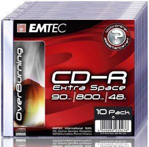 EMTEC CD-R 48X 90 MIN 800MB EXTRA SPACE SLIM CASE 10 PACK