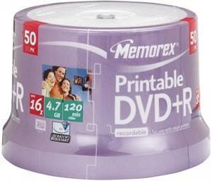 MEMOREX DVD+R 4.7GB 16X WHITE PRINTABLE CAKEBOX 50PCS