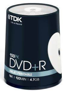 TDK DVD+R 4.7GB X16 PRINTABLE PHOTO INK 100 CAKEBOX T19920