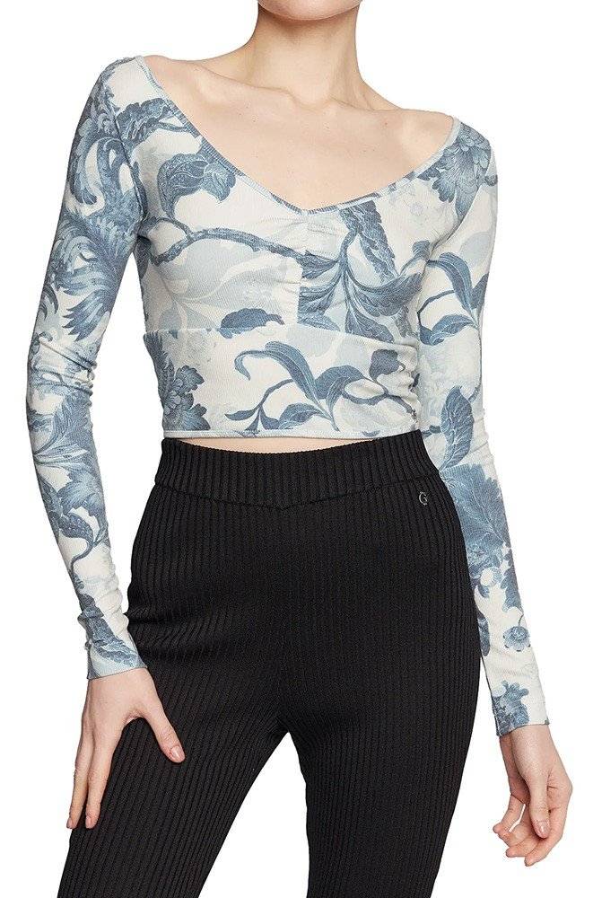 ΜΠΛΟΥΖΑ ΜΑΚΡΥΜΑΝΙΚΗ GUESS ENRIQUETA W3RP37KBKW0 FLORAL ΜΠΛΕ