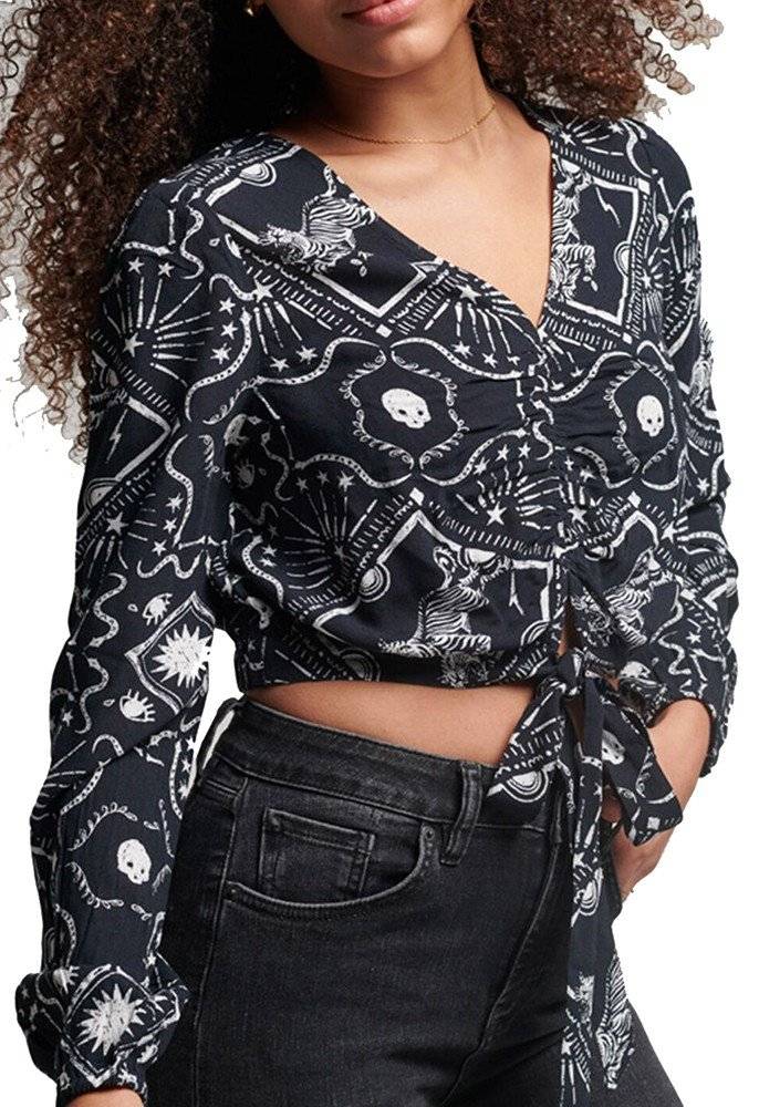 SUPERDRY TOP SUPERDRY OVIN VINTAGE TIE FRONT W6011553A TIGER PRINT ΜΑΥΡΟ