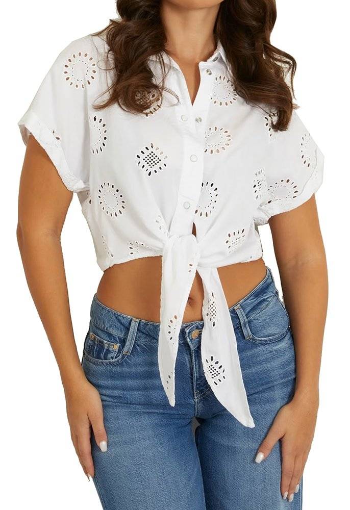 GUESS ΠΟΥΚΑΜΙΣΟ GUESS BRIGITTE SATIN EMBRO W4GH34WG822 ΛΕΥΚΟ