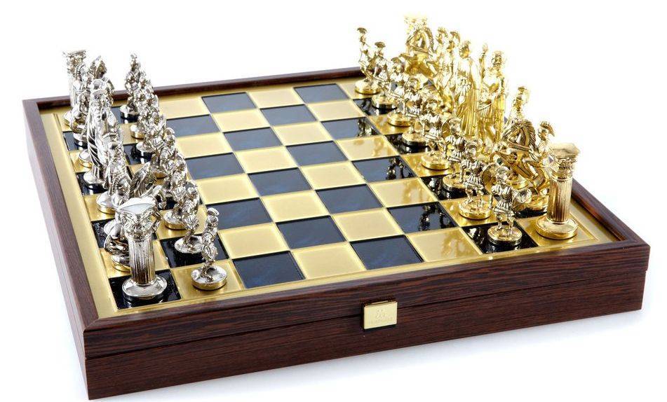 ΣΚΑΚΙ ΜΕΤΑΛΛΙΚΟ MANOPOULOS "ΕΛΛΗΝΟΡΩΜΑΪΚΗ ΕΠΟΧΗ" ΚΑΣΕΤΙΝΑ ΜΕΓΑΛΟ ΜΠΛΕ ΧΡΥΣΟ/ΑΣΗΜΙ 41X41CM