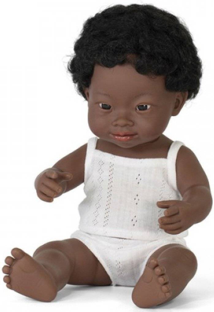 ΚΟΥΚΛΑ MINILAND AFRICAN BOY DOWN SYNDROME 38CM ΜΕ ΕΣΩΡΟΥΧΑ