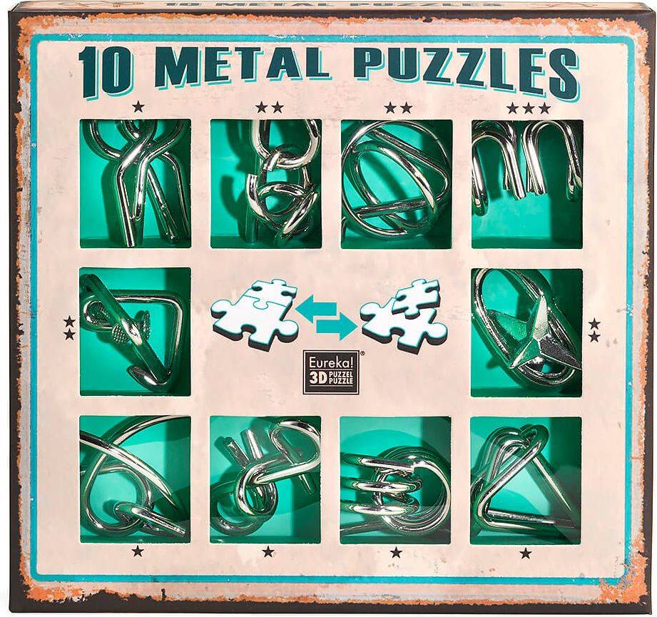 SET OF 10 METAL PUZZLES GREEN EUREKA EUREKA