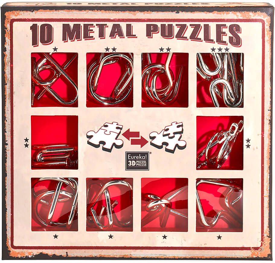 SET OF 10 METAL PUZZLES RED EUREKA EUREKA