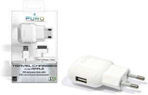 PURO IPAD IPHONE TRAVEL CHARGER 2.1A WHITE + USB IPAD CABLE BLACK + EXTRA USB PORT APPLE CERTIFIED