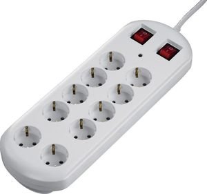 HAMA 137233 10-WAY POWER STRIP WITH 2 SWITCHES AND OVERVOLTAGE PROTECTION 2M WHITE