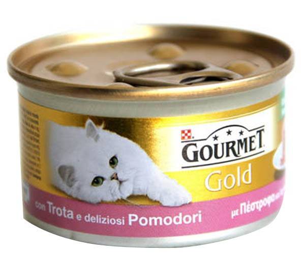ΚΟΝΣΕΡΒΑ ΓΑΤΑΣ GOURMET GOLD ΚΟΜΜΑΤΑΚΙΑ ΣΕ ΣΑΛΤΣΑ ΠΕΣΤΡΟΦΑ ΚΑΙ ΣΟΛΟΜΟΣ 85GR