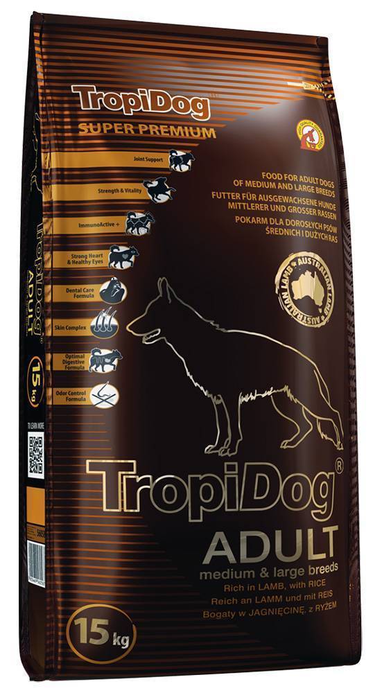 ΤΡΟΦΗ ΣΚΥΛΟΥ TROPIDOG SUPER PREMIUM ADULT MEDIUM - LARGE BREEDS ΑΡΝΙ - ΡΥΖΙ 15KG TROPIDOG