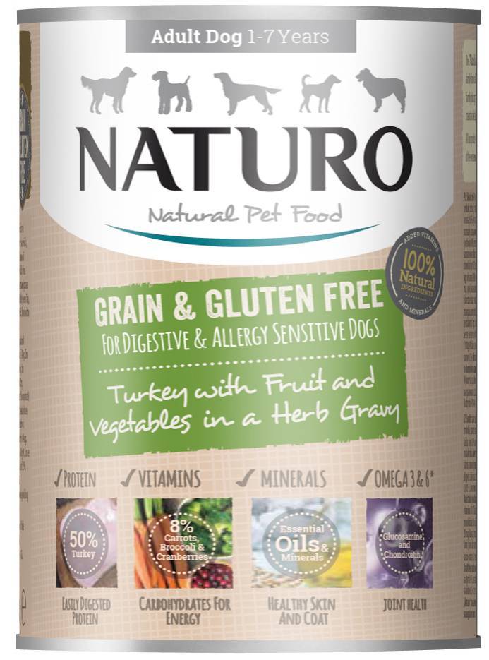 ΚΟΝΣΕΡΒΑ ΣΚΥΛΟΥ NATURO GRAIN - GLUTEN FREE ΓΑΛΟΠΟΥΛΑ-ΚΡΑΝΜΠΕΡΙ-ΜΠΡΟΚΟΛΟ - ΚΑΡΟΤΑ 390GR