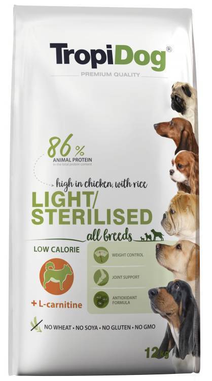 TROPIDOG ΤΡΟΦΗ ΣΚΥΛΟΥ TROPIDOG PREMIUM LIGHT ALL BREEDS ΚΟΤΟΠΟΥΛΟ - ΡΥΖΙ 12KG