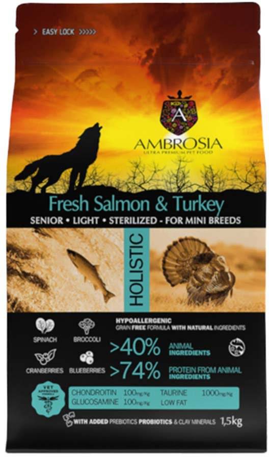 ΤΡΟΦΗ ΣΚΥΛΟΥ AMBROSIA ADULT MINI SENIOR LIGHT STERILISED ΣΟΛΟΜΟΣ - ΓΑΛΟΠΟΥΛΑ 1.5KG
