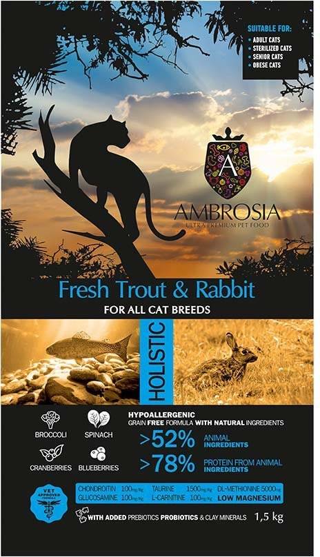 AMBROSIA ΤΡΟΦΗ ΓΑΤΑΣ AMBROSIA GRAIN FREE STERILIZED ΦΡΕΣΚΙΑ ΠΕΣΤΡΟΦΑ - ΚΟΥΝΕΛΙ 1.5KG