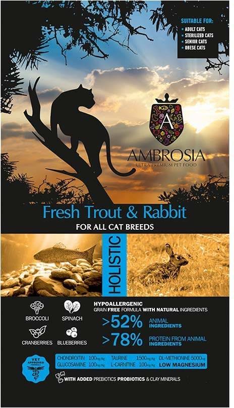 AMBROSIA ΤΡΟΦΗ ΓΑΤΑΣ AMBROSIA GRAIN FREE STERILIZED ΦΡΕΣΚΙΑ ΠΕΣΤΡΟΦΑ - ΚΟΥΝΕΛΙ 5KG