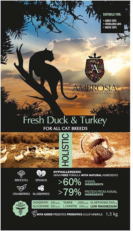 AMBROSIA ΤΡΟΦΗ ΓΑΤΑΣ AMBROSIA GRAIN FREE STERILIZED ΦΡΕΣΚΙΑ ΠΑΠΙΑ - ΓΑΛΟΠΟΥΛΑ 1.5KG