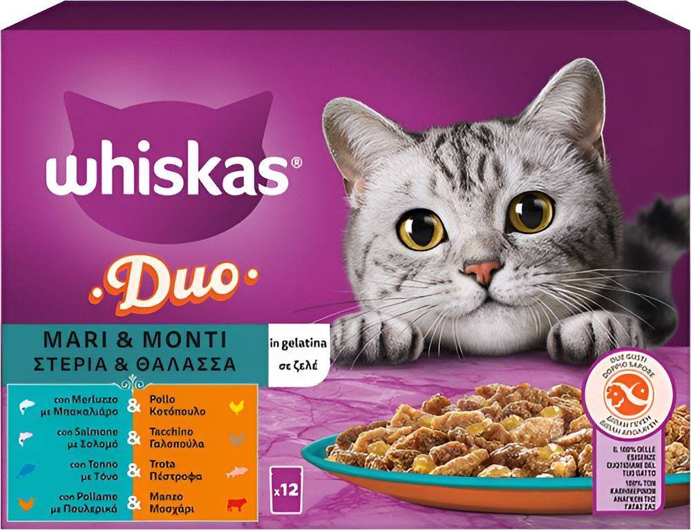 ΦΑΚΕΛΑΚΙΑ ΓΑΤΑΣ WHISKAS DUO MULTIPACK ΣΕ ΖΕΛΕ ΜΕ ΓΕΥΣΕΙΣ ΣΤΕΡΙΑ ΚΑΙ ΘΑΛΑΣΣΑ (12X85GR) WHISKAS