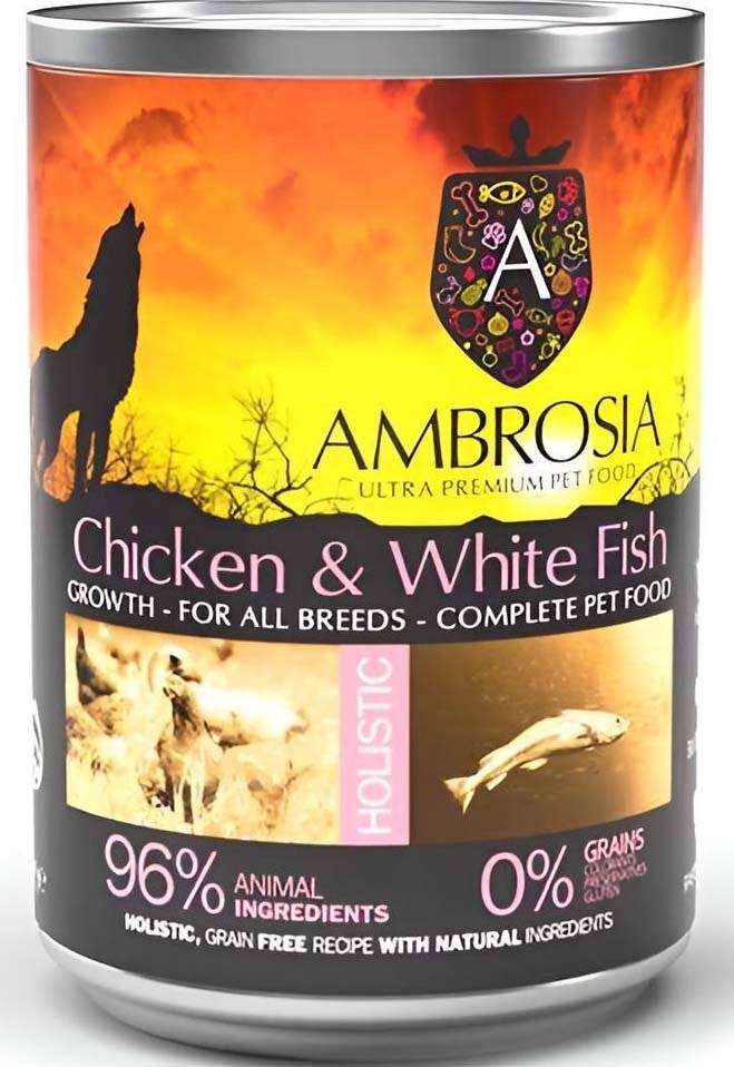 ΚΟΝΣΕΡΒΑ ΣΚΥΛΟΥ AMBROSIA GRAIN FREE PUPPY ΚΟΤΟΠΟΥΛΟ - ΛΕΥΚΟ ΨΑΡΙ (400GR)