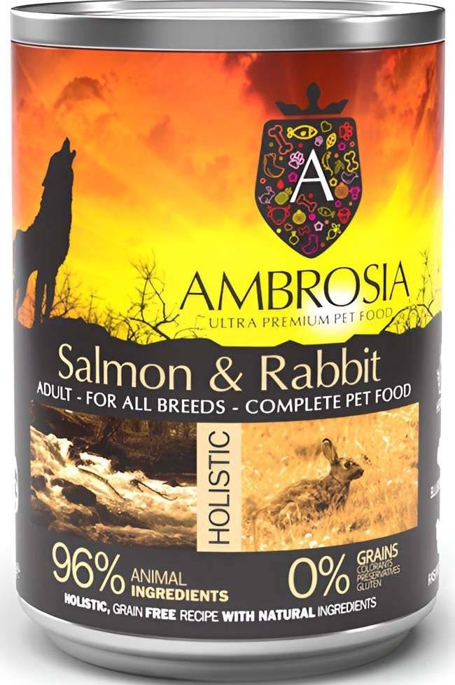 ΚΟΝΣΕΡΒΑ ΣΚΥΛΟΥ AMBROSIA GRAIN FREE ADULT SENSITIVE ΣΟΛΟΜΟΣ - ΚΟΥΝΕΛΙ (400GR)