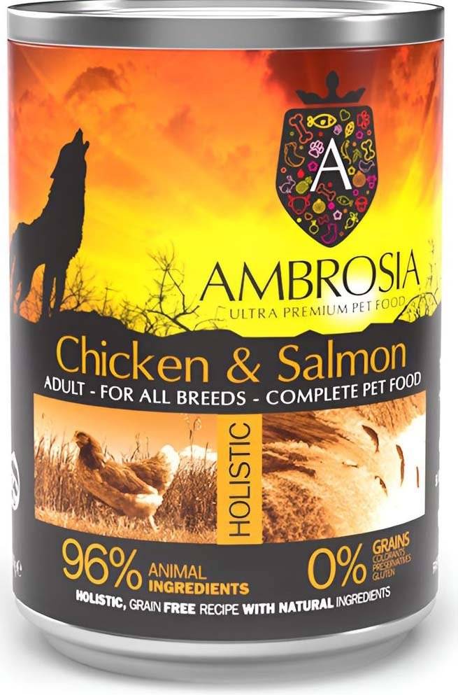 AMBROSIA ΚΟΝΣΕΡΒΑ ΣΚΥΛΟΥ AMBROSIA GRAIN FREE ADULT ΚΟΤΟΠΟΥΛΟ - ΣΟΛΟΜΟΣ (400GR)