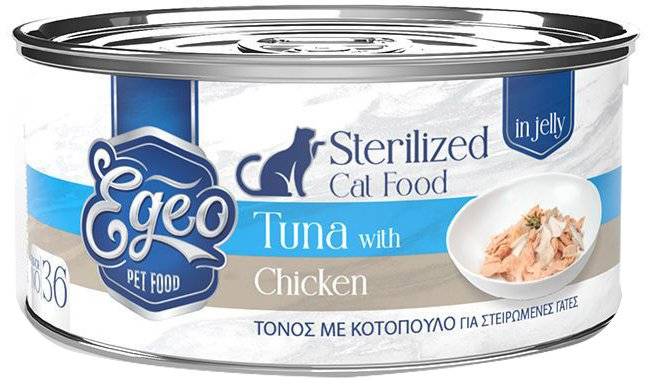 ΚΟΝΣΕΡΒΑ ΓΑΤΑΣ EGEO STERILIZED ΦΙΛΕΤΟ ΤΟΝΟΥ ΜΕ ΚΟΤΟΠΟΥΛΟ ΣΕ ΖΕΛΕ (85GR)