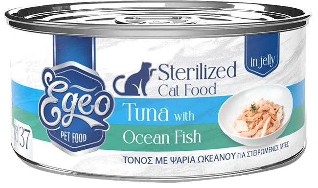 EGEO ΚΟΝΣΕΡΒΑ ΓΑΤΑΣ EGEO STERILIZED ΦΙΛΕΤΟ ΤΟΝΟΥ ΜΕ ΨΑΡΙΑ ΤΟΥ ΩΚΕΑΝΟΥ ΣΕ ΖΕΛΕ (85GR)