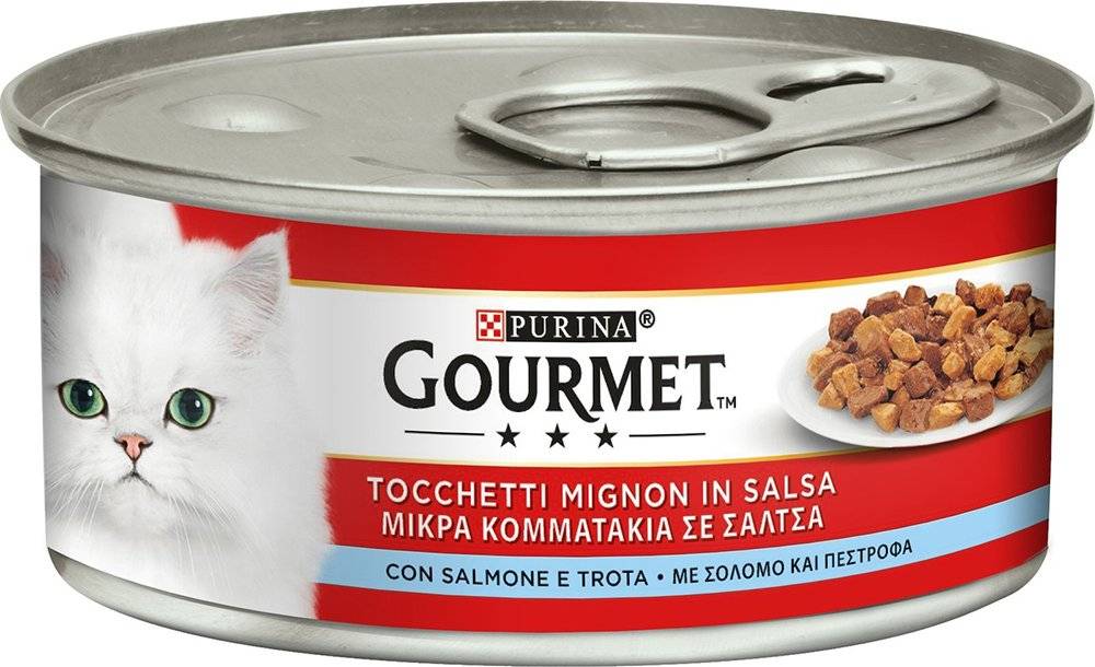 ΚΟΝΣΕΡΒΑ ΓΑΤΑΣ PURINA GOURMET ΠΕΣΤΡΟΦΑ - ΣΟΛΟΜΟ (195GR)