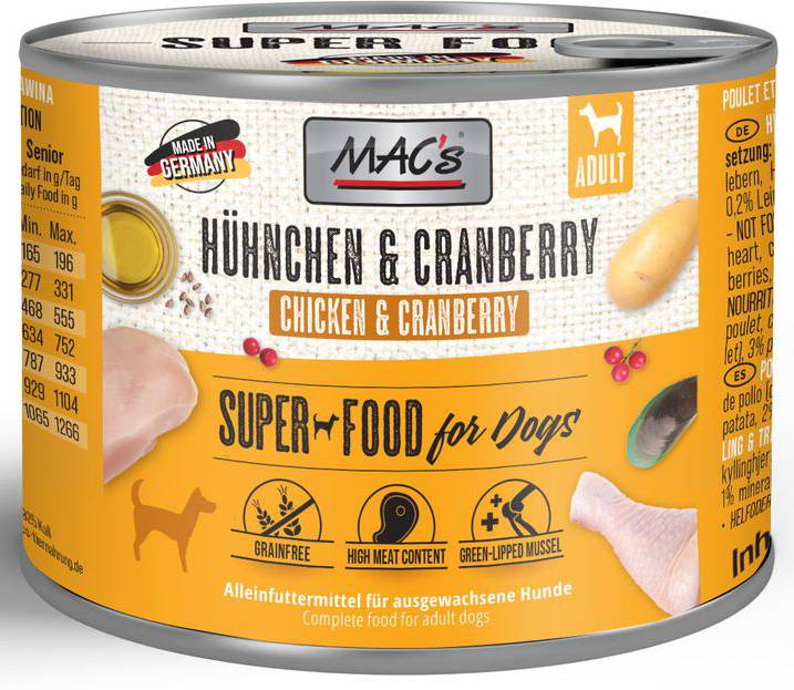 ΚΟΝΣΕΡΒΑ ΣΚΥΛΟΥ MACS ΚΟΤΟΠΟΥΛΟ - ΚΡΑΝΜΠΕΡΙ GRAIN FREE (200GR) MACS