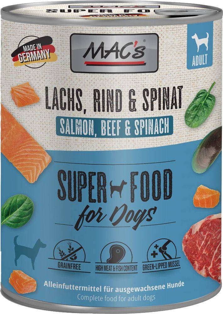 ΚΟΝΣΕΡΒΑ ΣΚΥΛΟΥ MACS GRAIN FREE ΣΟΛΟΜΟΣ ΒΟΔΙΝΟ ΣΠΑΝΑΚΙ (400GR) MACS