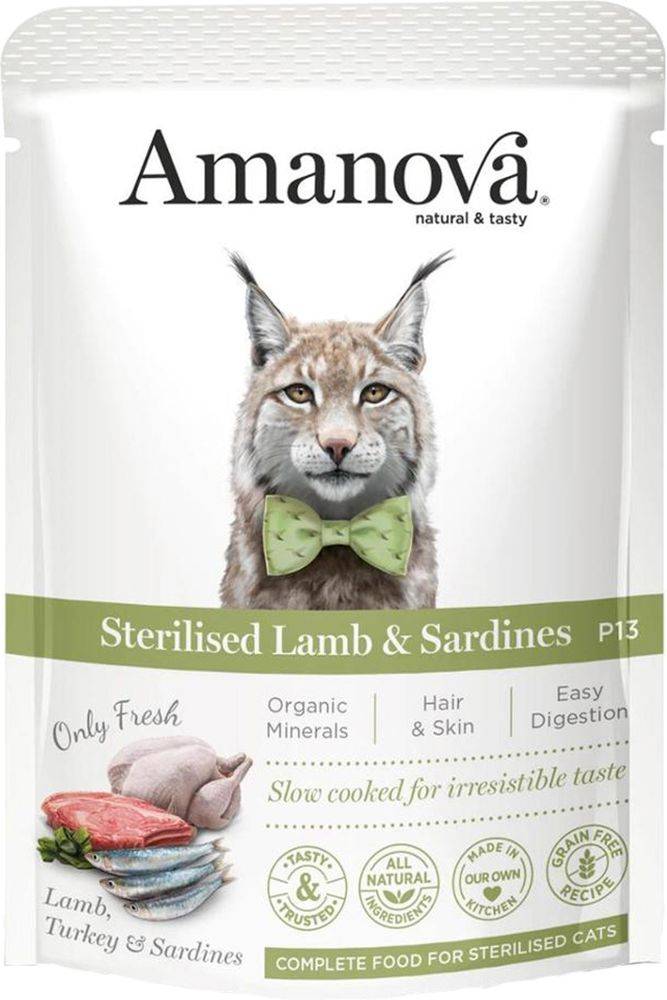 ΦΑΚΕΛΑΚΙ ΓΑΤΑΣ AMANOVA ADULT STERILISED ΑΡΝΙ - ΣΑΡΔΕΛΕΣ (85GR)