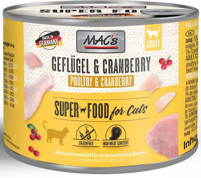 ΚΟΝΣΕΡΒΑ ΓΑΤΑΣ MACS ΠΟΥΛΕΡΙΚΑ, ΒΟΔΙΝΟ - ΚΡΑΝΜΠΕΡΙ (200GR) MACS