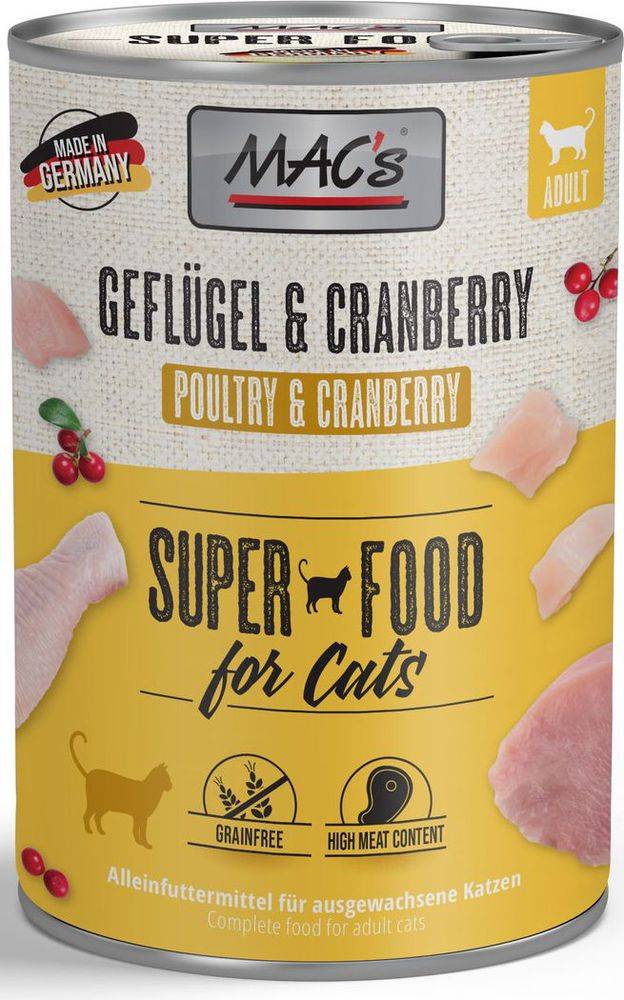 ΚΟΝΣΕΡΒΑ ΓΑΤΑΣ MACS ΠΟΥΛΕΡΙΚΑ, ΒΟΔΙΝΟ - ΚΡΑΝΜΠΕΡΙ (400GR)