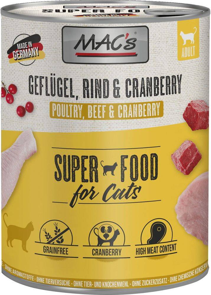 ΚΟΝΣΕΡΒΑ ΓΑΤΑΣ MACS ΠΟΥΛΕΡΙΚΑ, ΒΟΔΙΝΟ - ΚΡΑΝΜΠΕΡΙ (800GR)