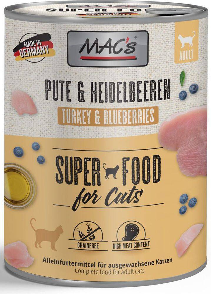 ΚΟΝΣΕΡΒΑ ΓΑΤΑΣ MACS ΜΕ ΓΑΛΟΠΟΥΛΑ ΒΟΔΙΝΟ - ΜΥΡΤΙΛΑ (800GR) MACS