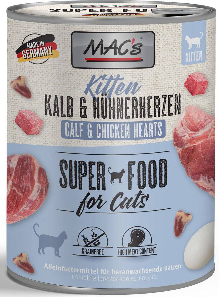 ΚΟΝΣΕΡΒΑ ΓΑΤΑΣ MACS KITTEN ΜΕ ΜΟΣΧΑΡΑΚΙ ΓΑΛΑΚΤΟΣ - ΚΑΡΔΙΕΣ ΚΟΤΟΠΟΥΛΟΥ (800GR) MACS