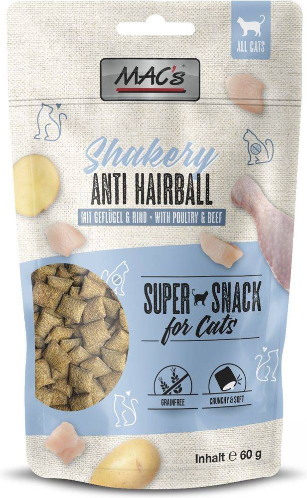 ΣΝΑΚ ΓΑΤΑΣ MACS SHAKERY ANTI-HAIRBALL ΠΟΥΛΕΡΙΚΑ - ΒΟΔΙΝΟ (60GR)