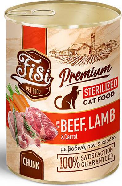 ΚΟΝΣΕΡΒΑ ΓΑΤΑΣ FISI STERILIZED ΒΟΔΙΝΟ, ΑΡΝΙ - ΚΑΡΟΤΑ ΣΕ ΣΑΛΤΣΑ (400GR) FISI