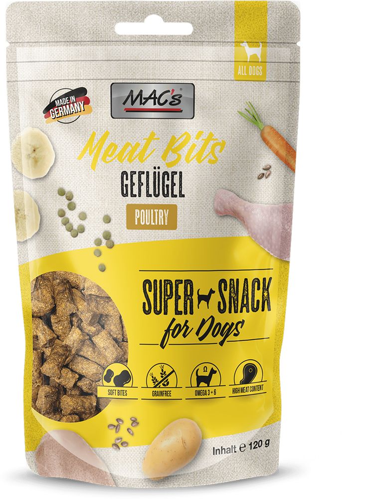ΣΝΑΚ ΣΚΥΛΟΥ MACS MEAT BITS GRAIN FREE ΜΕ ΠΟΥΛΕΡΙΚΑ (120GR) MACS