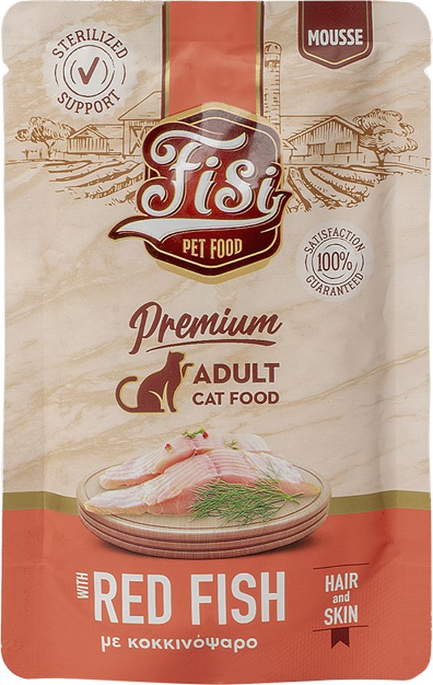 ΥΓΡΗ ΤΡΟΦΗ FISI CAT ADULT ΚΟΚΚΙΝΟΨΑΡΟ HAIR - SKIN (80GR)