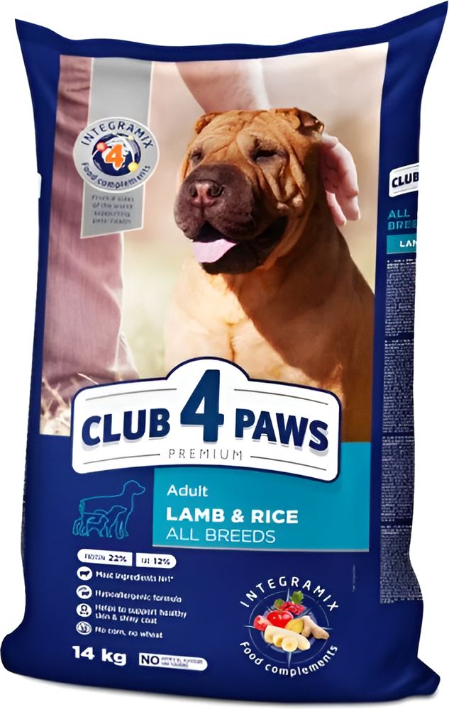 ΤΡΟΦΗ ΣΚΥΛΟΥ CLUB4PAWS ADULT ALL BREEDS ΑΡΝΙ - ΡΥΖΙ (14KG)