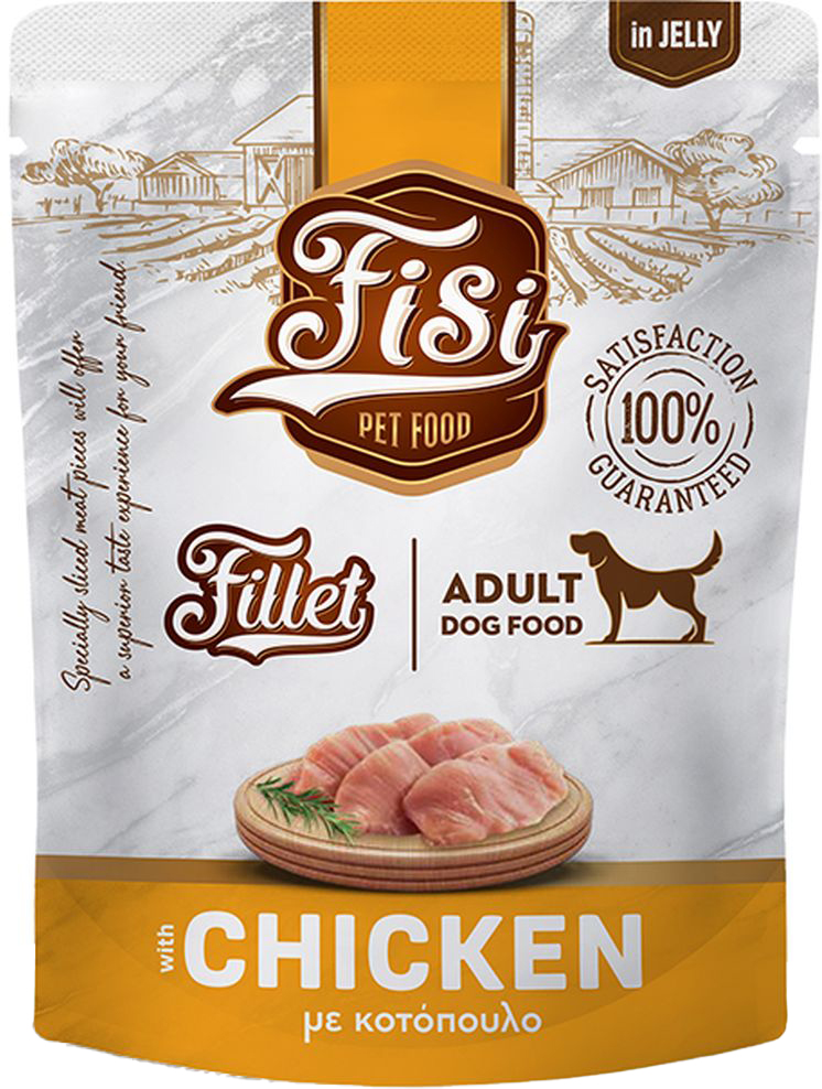 ΥΓΡΗ ΤΡΟΦΗ ΣΚΥΛΟΥ FISI FILLET DOG ADULT ΚΟΤΟΠΟΥΛΟ ΣΕ ΖΕΛΕ ΣΕ ΦΑΚΕΛΑΚΙ (500GR) FISI