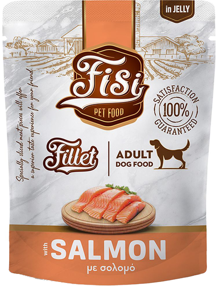 ΥΓΡΗ ΤΡΟΦΗ ΣΚΥΛΟΥ FISI FILLET DOG ADULT ΣΟΛΟΜΟΣ ΣΕ ΖΕΛΕ ΣΕ ΦΑΚΕΛΑΚΙ (500GR) FISI