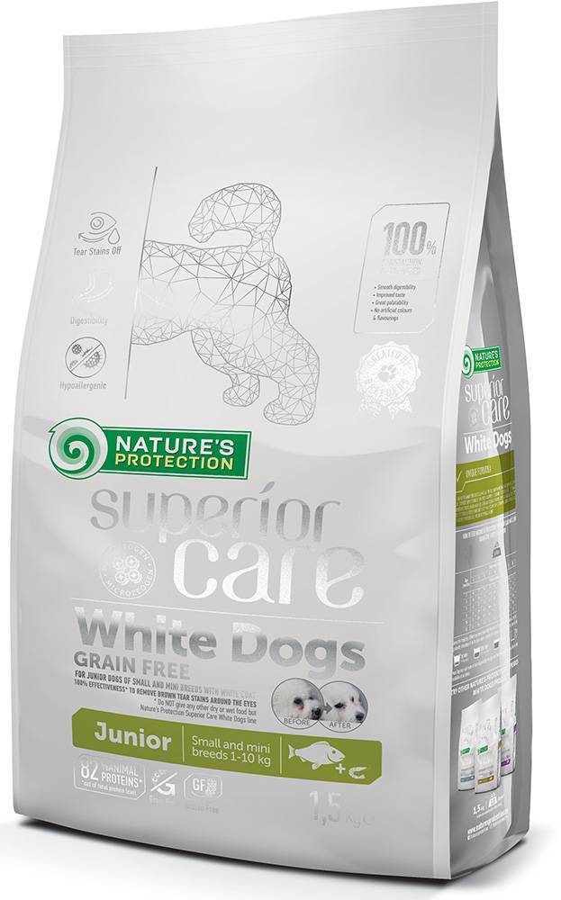 ΤΡΟΦΗ ΣΚΥΛΟΥ NATURE'S PROTECTION GRAIN FREE JUNIOR SMALL BREED ΛΕΥΚΟ ΨΑΡΙ ΓΙΑ ΛΕΥΚΟ ΤΡΙΧΩΜΑ 1.5KG NATURES PROTECTION