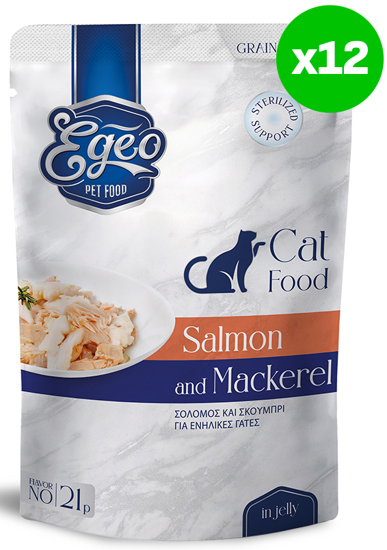ΥΓΡΗ ΤΡΟΦΗ ΓΑΤΑΣ EGEO CAT ADULT ΜΕ ΣΟΛΟΜΟ - ΣΚΟΥΜΠΡΙ ΣΕ ΖΕΛΕ (12TMX X 85GR) EGEO