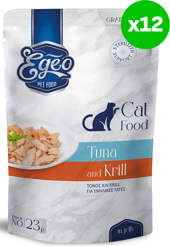 ΥΓΡΗ ΤΡΟΦΗ ΓΑΤΑΣ EGEO CAT ADULT ΜΕ ΤΟΝΟ - ΚΡΙΛ ΣΕ ΖΕΛΕ (12TMX X 85GR) EGEO