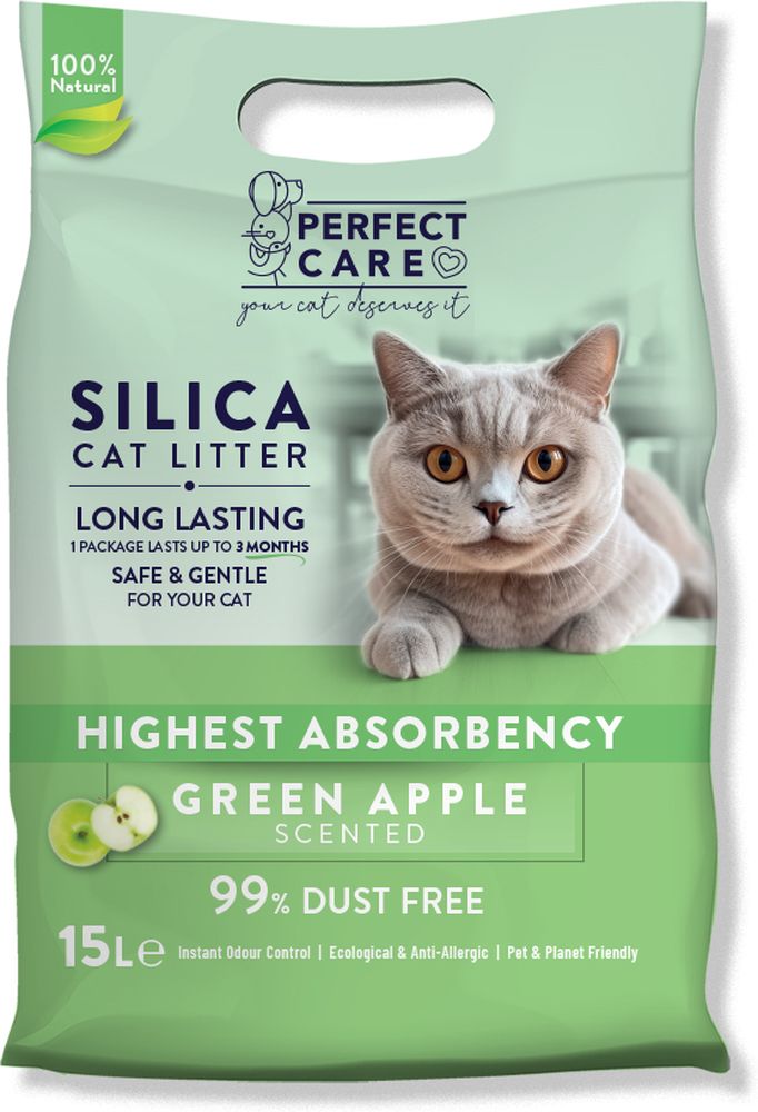 PERFECT CARE ΚΡΥΣΤΑΛΛΙΚΗ ΑΜΜΟΣ PERFECT CARE SILICA CAT LITTER ΠΡΑΣΙΝΟ ΜΗΛΟ 15LT