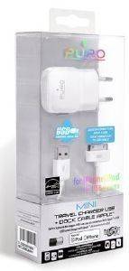 PURO IPOD IPHONE MINI TRAVEL CHARGER USB PORT WHITE WITH USB SYNC+CHARGE CABLE APPLE CERTIFIED