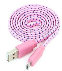 OMEGA OUFBFCPW FABRIC BRAIDED MICRO USB TO USB FLAT CABLE 1M LIGHT PINK