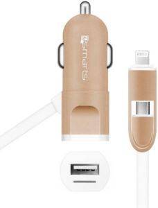 4SMARTS MULTICORD CAR CHARGER MICRO-USB + LIGHTNING ROSE GOLD