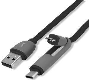 4SMARTS MULTICORD FLATCABLE USB TYPE-A TO MICRO-USB + TYPE-C 50CM BLACK